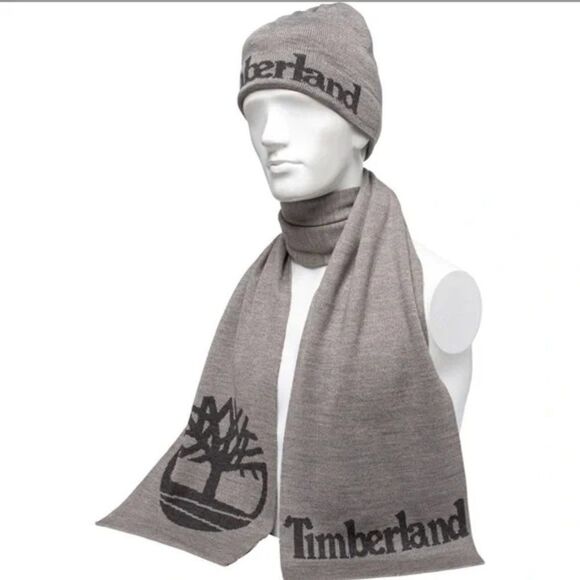 Timberland Men's Gray Logo Jacquard Reversible Scarf And Beanie -2 Piece… - Picture 1 of 9